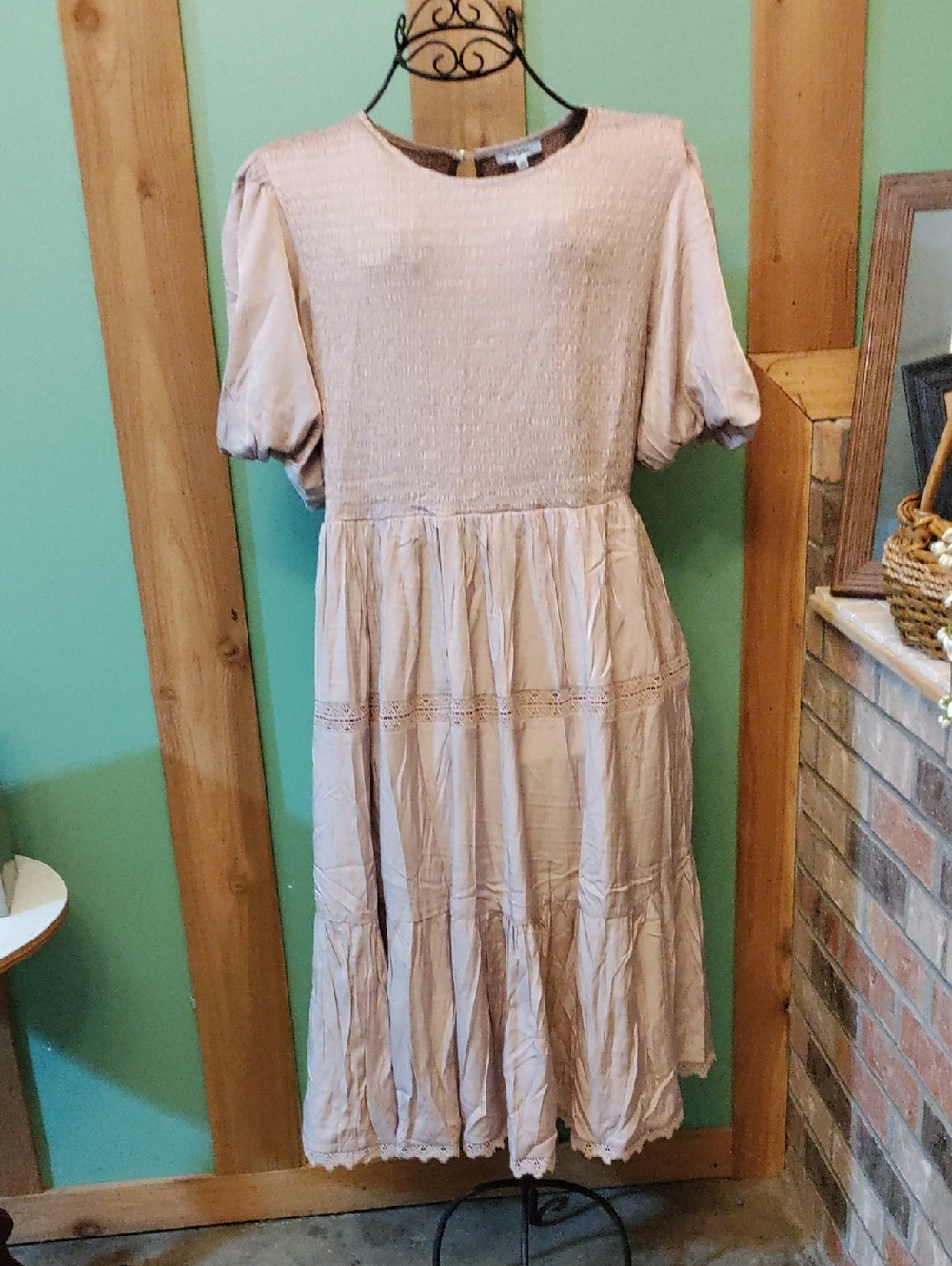 Polagram Blush Pink Beige Smocked Midi Dress